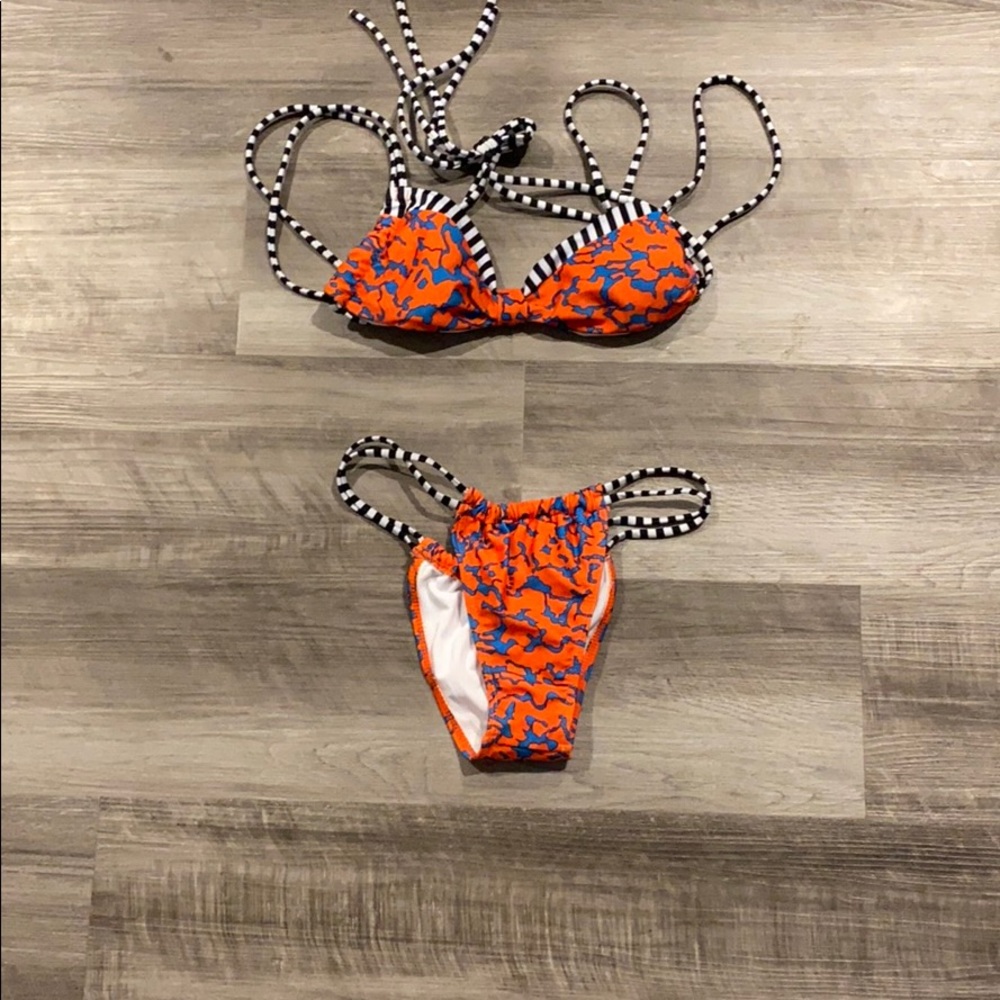 Orange, blue, and black bikini